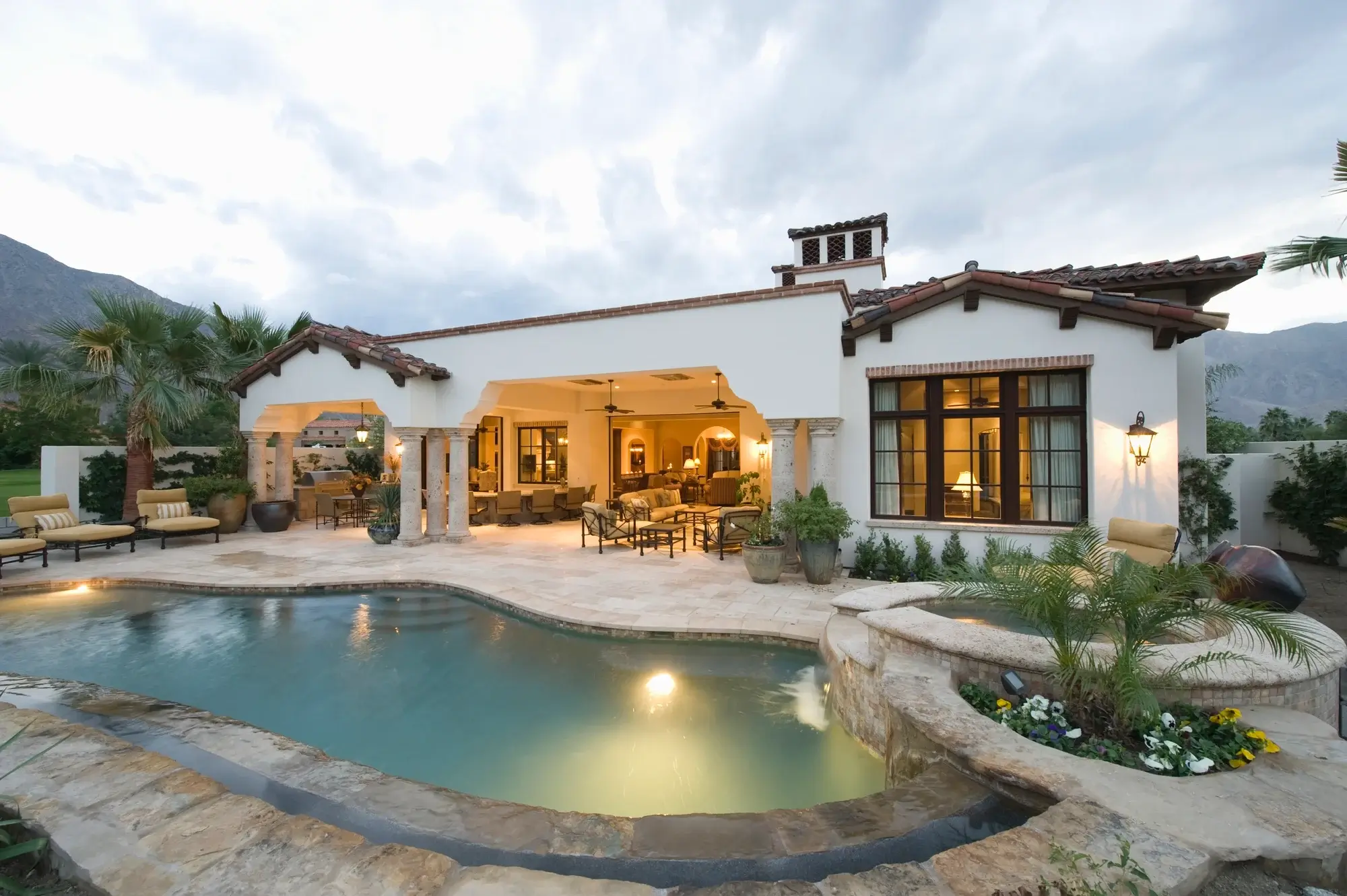 Poolside and lit interior